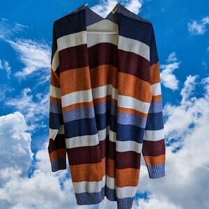 Ecowise Medium long sleeve multicolor striped open front cotton blend sweater.